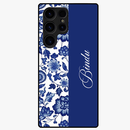 Blue Vintage Floral Pattern Glass Case upright view showcasing timeless floral illustration with vintage inspired style.