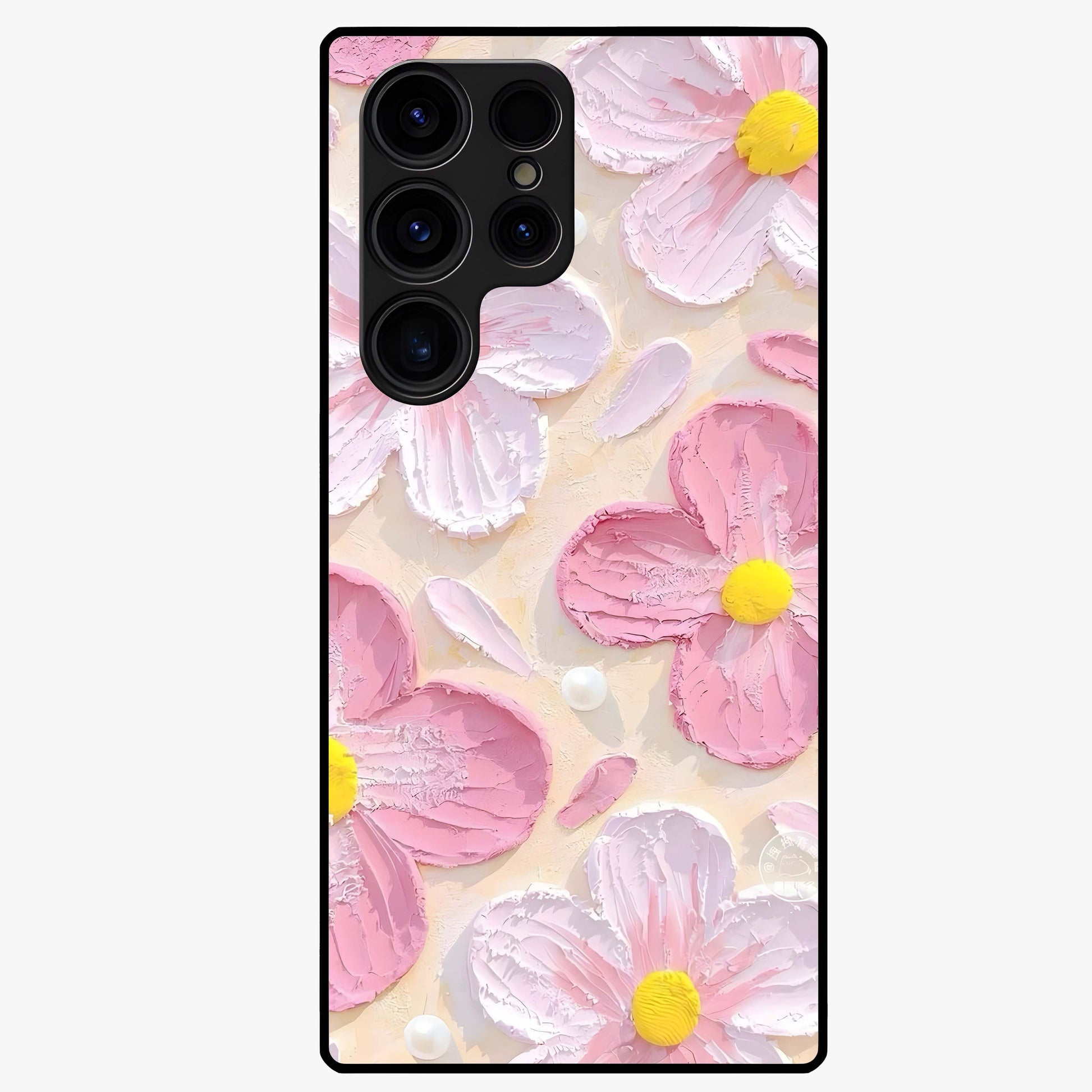 Blush Bloom Texture Glass Case showing flat back view with soft blush floral texture artwork and glossy glass finish.