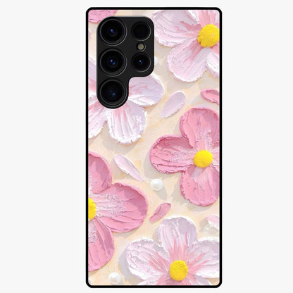 Blush Bloom Texture Glass Case showing flat back view with soft blush floral texture artwork and glossy glass finish.