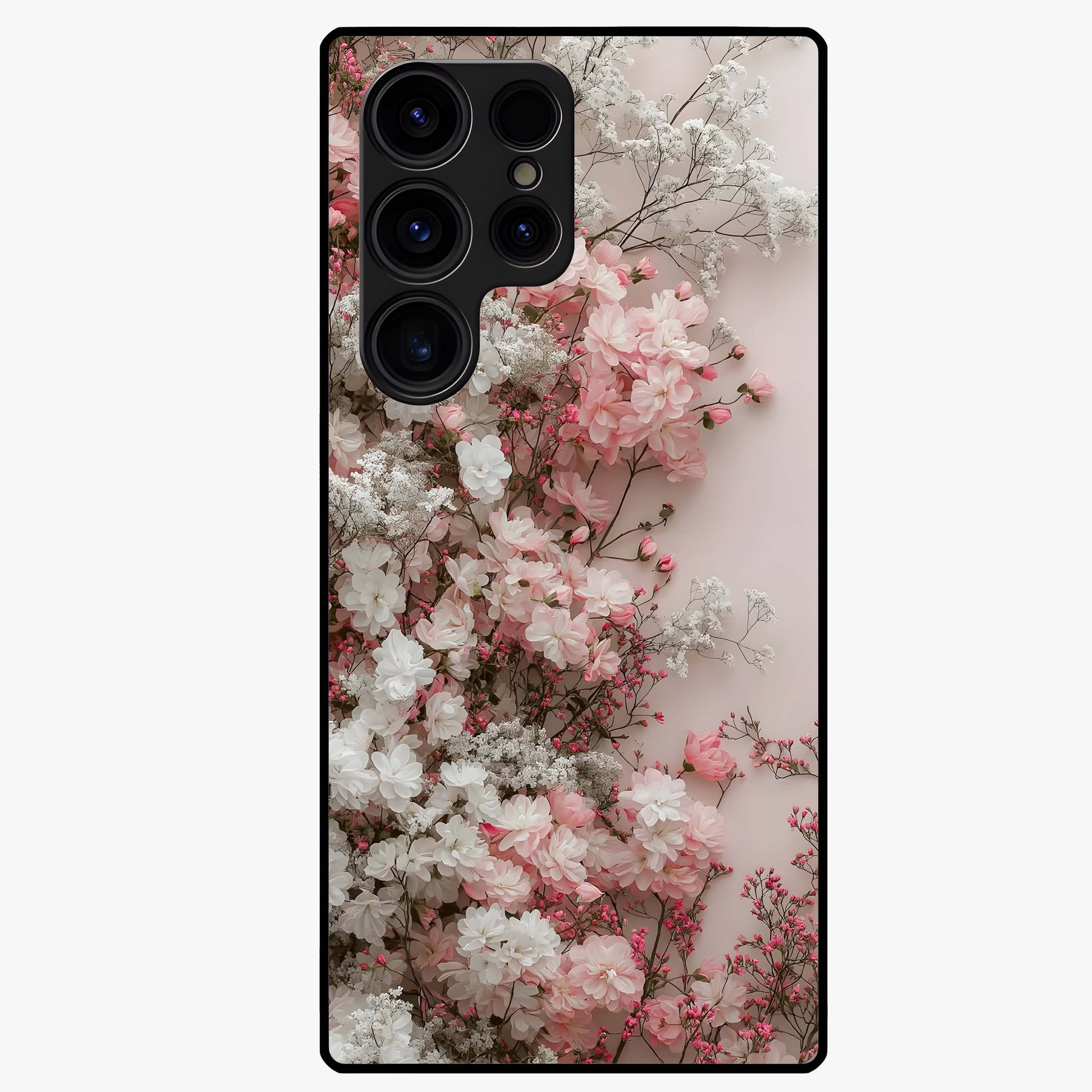 Blush Blossom Cloud Glass Case showing flat back view with dreamy blush cloud blossom artwork and glossy glass finish.