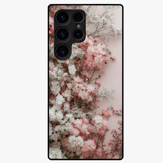 Blush Blossom Cloud Glass Case showing flat back view with dreamy blush cloud blossom artwork and glossy glass finish.
