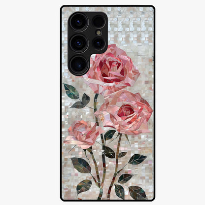 Blush Mosaic Bloom Glass Case showing flat back view with mosaic floral bloom artwork and glossy glass finish.