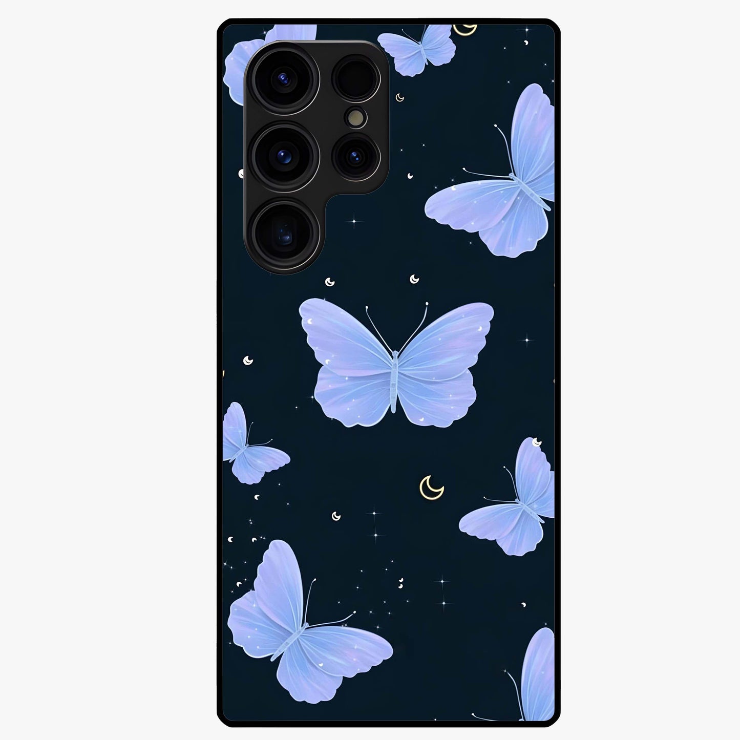 Butterfly With Stars Pattern Glass Case showing flat back view with butterfly and star pattern artwork and glossy glass finish.