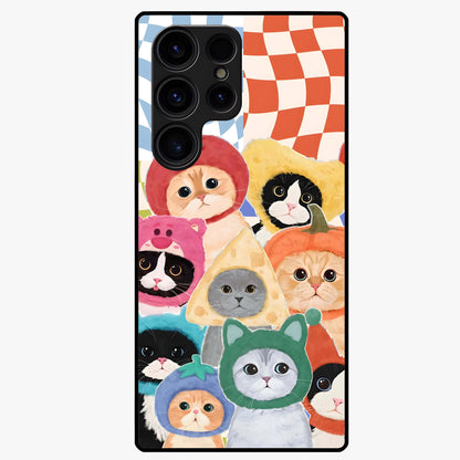 Cats in Fruits Glass Case showing flat back view with playful cat illustrations inside fruit artwork and glossy glass finish.