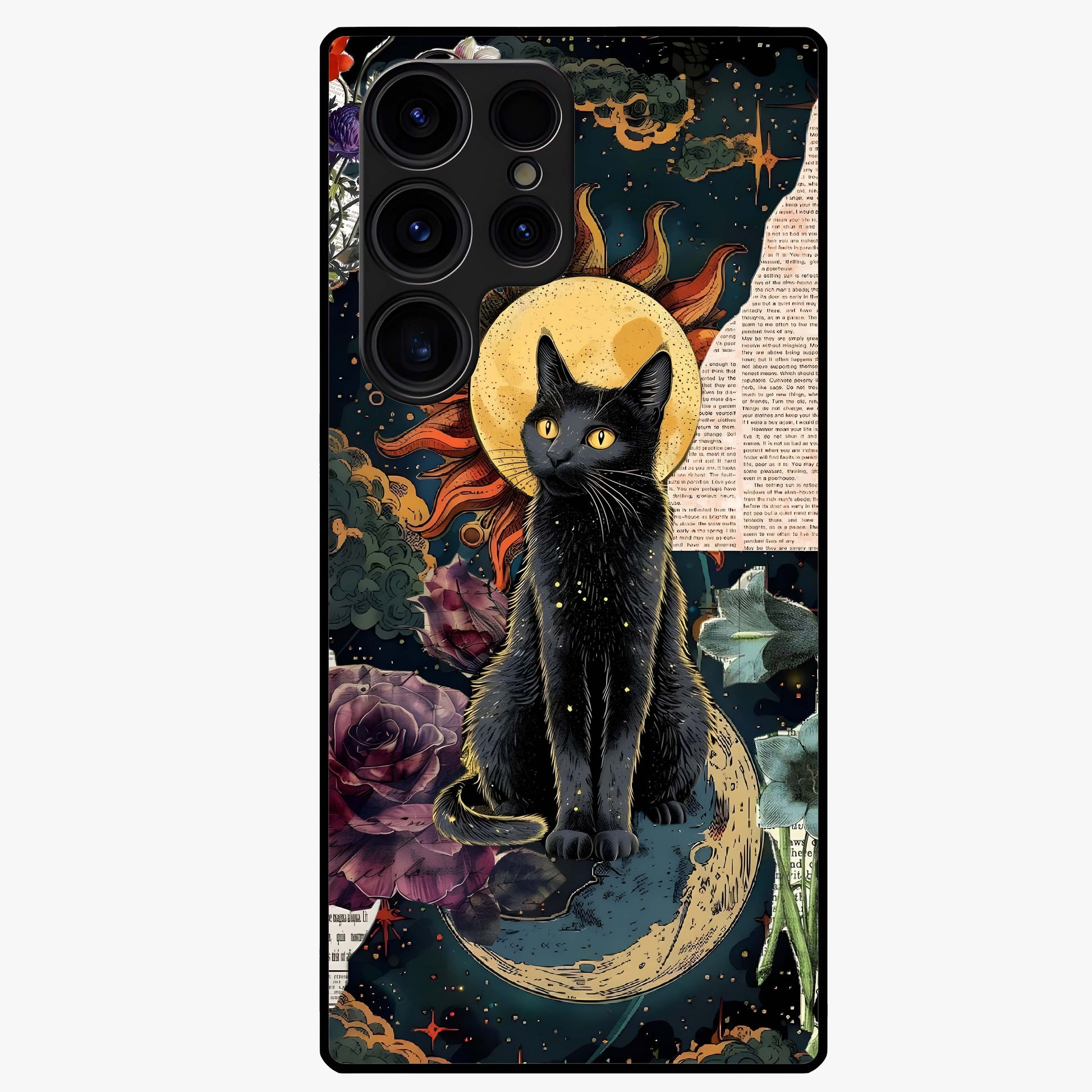 Celestial Black Cat Glass Case showing flat back view with mystical black cat artwork and glossy glass finish.