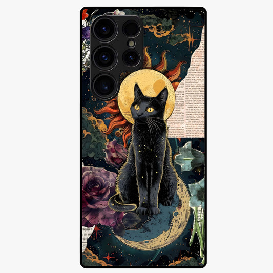 Celestial Black Cat Glass Case showing flat back view with mystical black cat artwork and glossy glass finish.