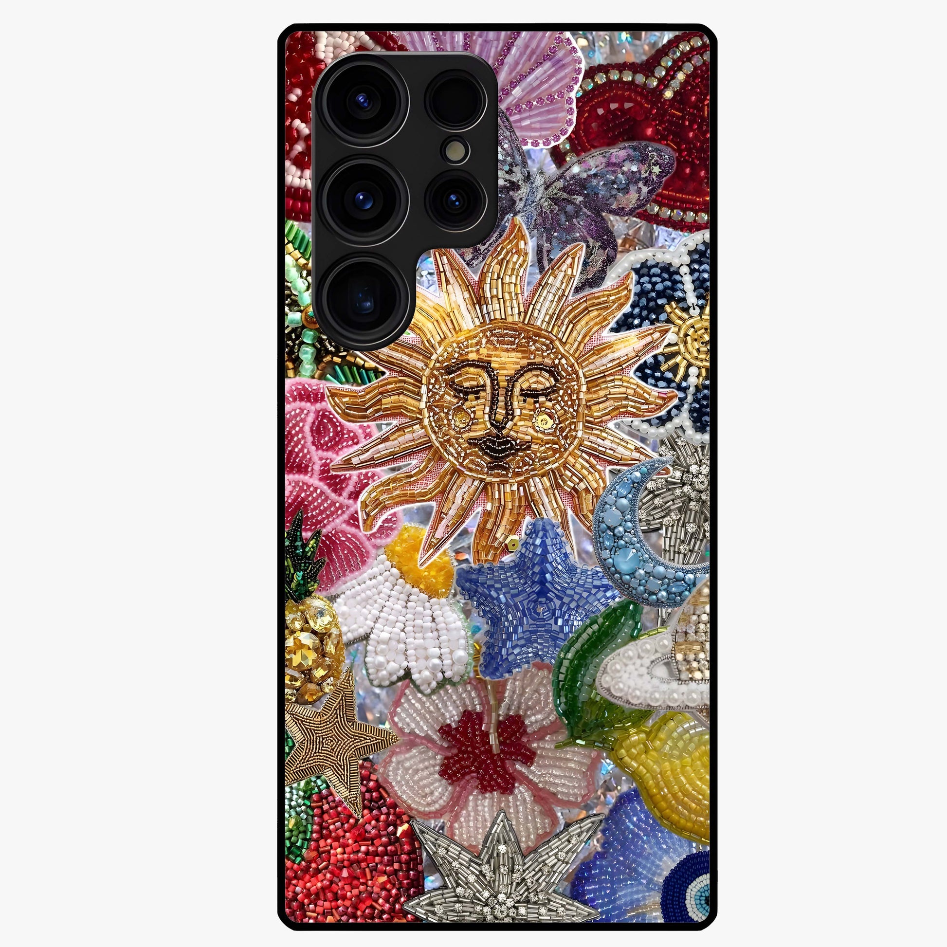 Celestial Floral and Playful Glass Case showing flat back view with floral and celestial themed artwork and glossy glass finish.