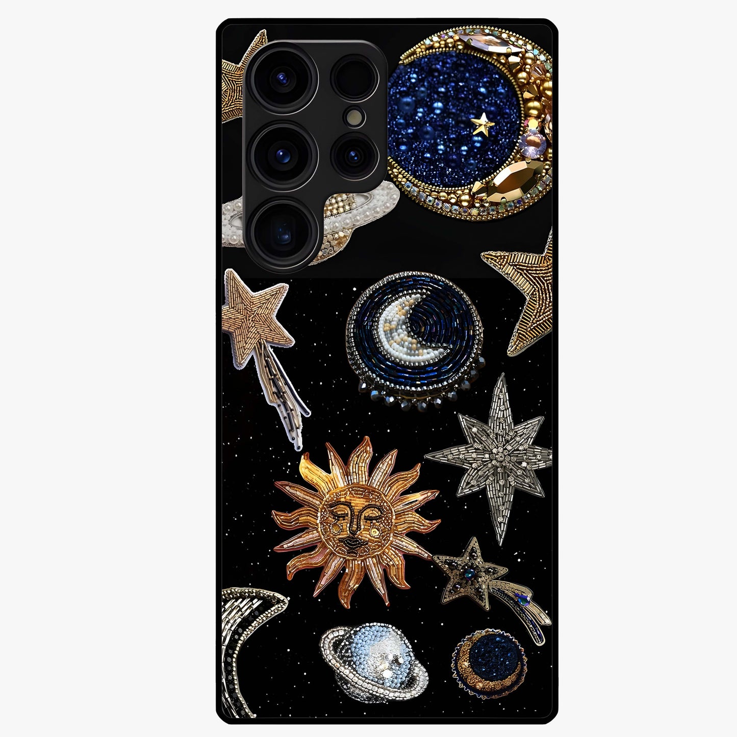 Celestial Gem Constellations Glass Case showing flat back view with sparkling constellation artwork and glossy glass finish.