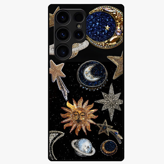 Celestial Gem Constellations Glass Case showing flat back view with sparkling constellation artwork and glossy glass finish.