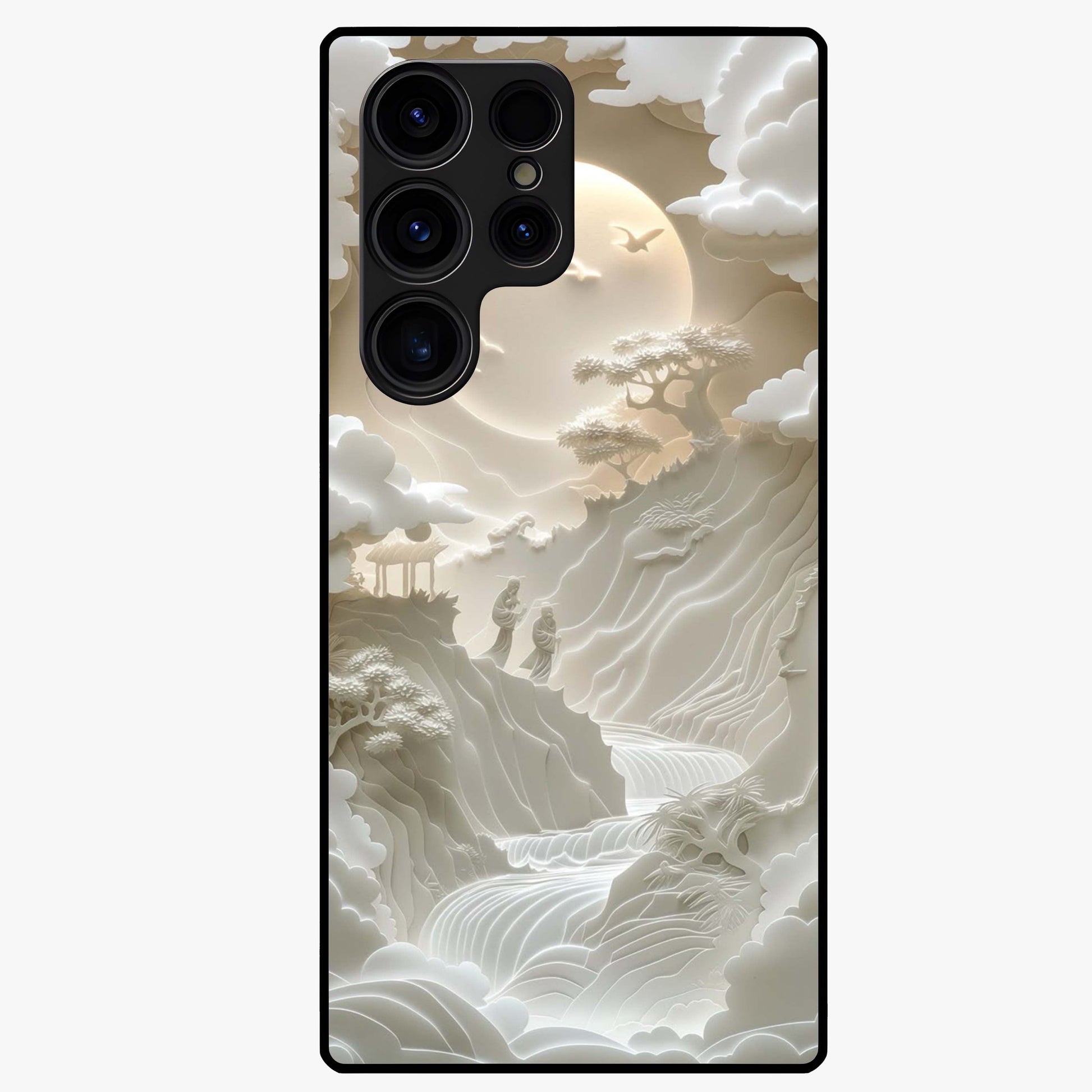 Celestial Origami Glass Case showing flat back view with artistic origami inspired celestial artwork and glossy glass finish.