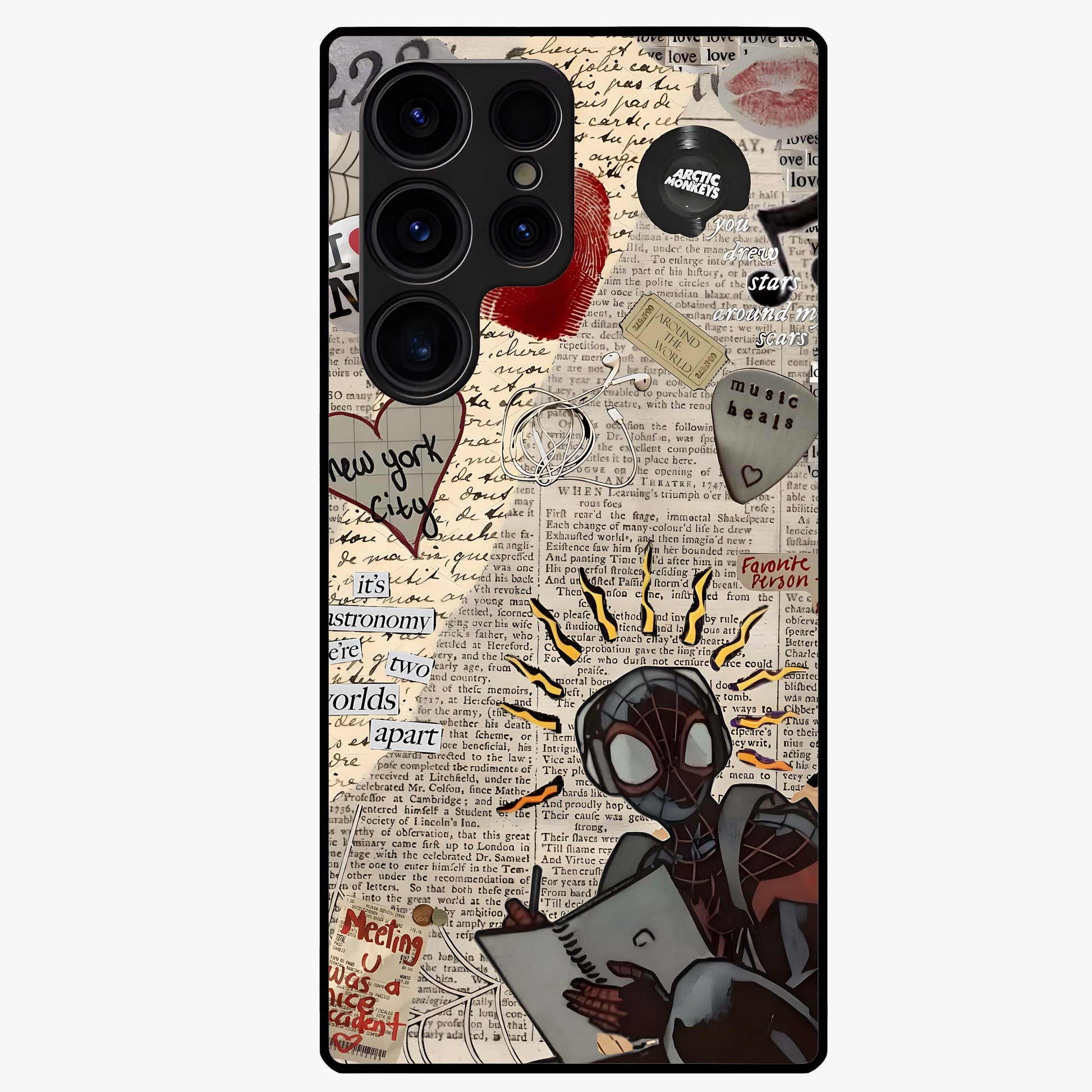City Dream Sketch Glass Case showing flat back view with artistic city skyline sketch artwork and glossy glass finish.