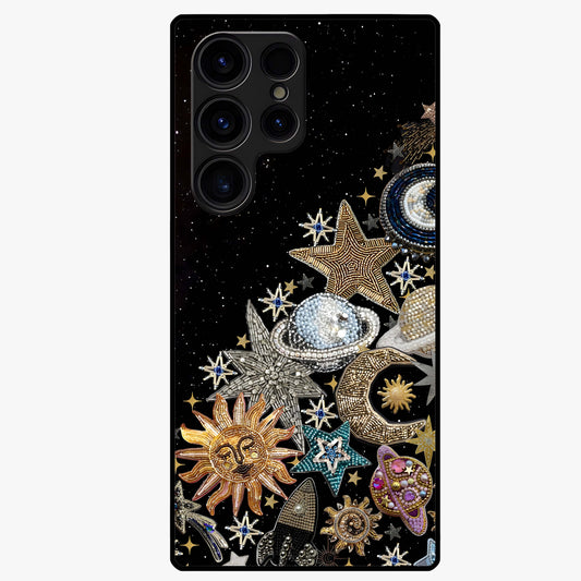 Cosmic Sparkle Dreams Glass Case showing flat back view with sparkling cosmic artwork and glossy glass finish.