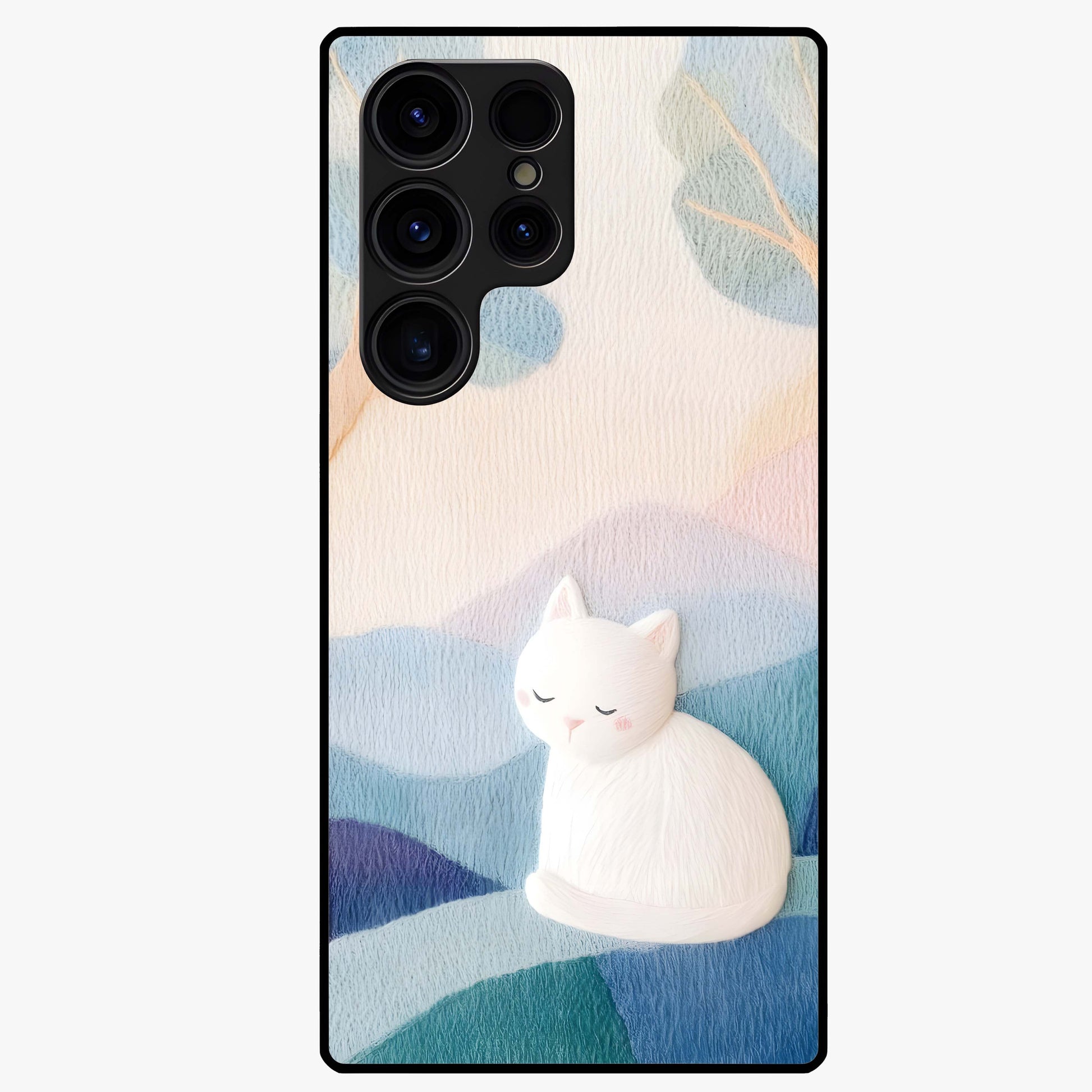 Cotton Dream Cat Glass Case showing flat back view with soft dreamy cat artwork and glossy glass finish.