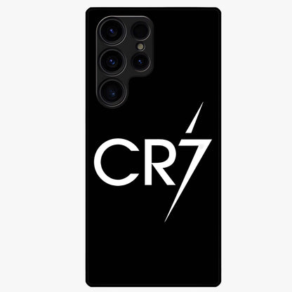 Cr7 Elite Strike Glass Case showing flat back view with dynamic football inspired artwork and glossy glass finish.
