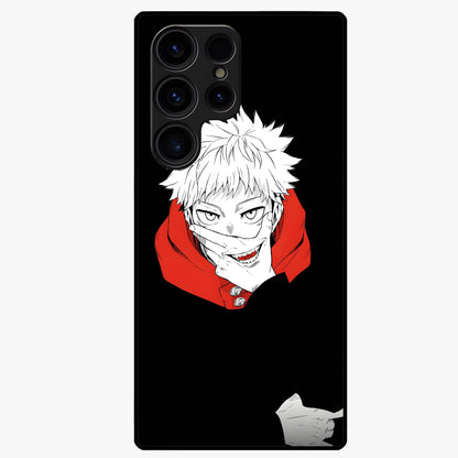 Crimson Chaos Smile Glass Case showing flat back view with bold chaotic smile artwork and glossy glass finish.