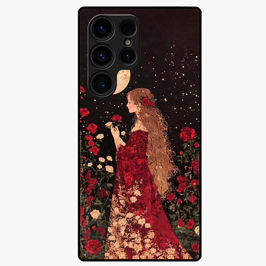 Crimson Dreams Glass Case showing flat back view with dreamy crimson artwork and glossy glass finish.