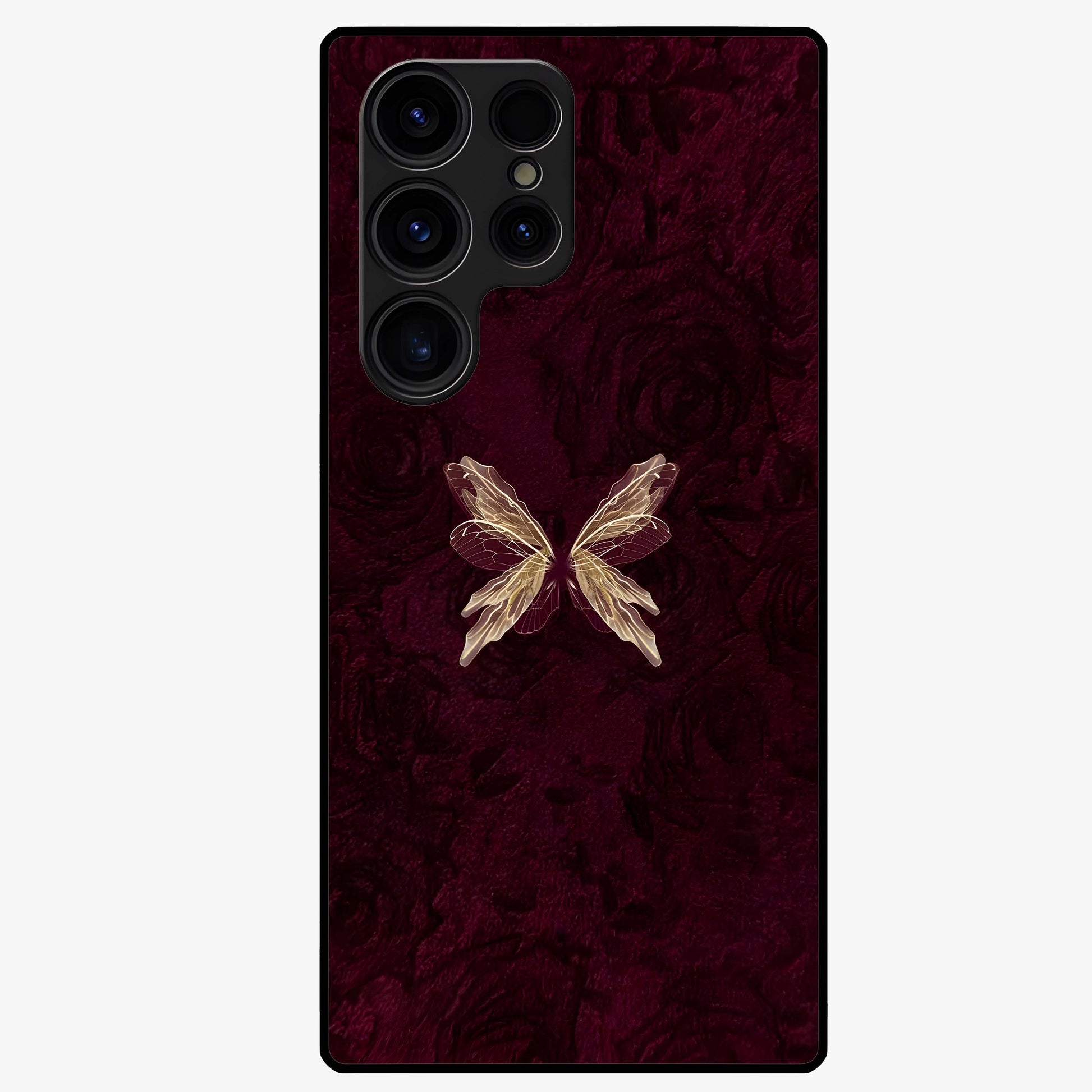 Crimson Fade Butterfly Glass Case showing flat back view with fading butterfly artwork and glossy glass finish.