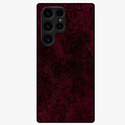 Crimson Fade Flow Glass Case showing flat back view with flowing crimson gradient artwork and glossy glass finish.