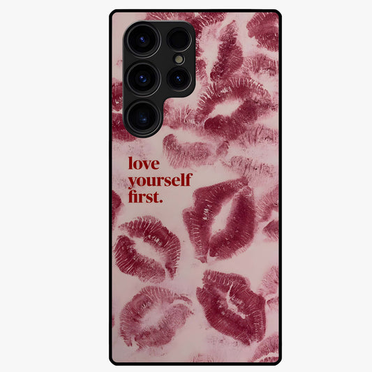 Crimson Kiss Love Glass Case showing flat back view with romantic crimson themed artwork and glossy glass finish.
