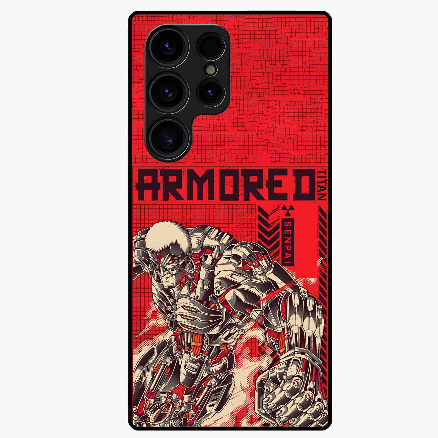 Crimson Mecha Titan Glass Case showing flat back view with powerful mech titan artwork and glossy glass finish.