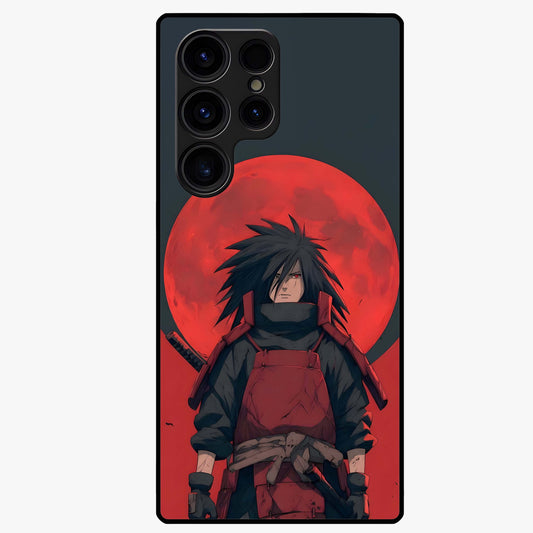 Crimson Moon Warlord Glass Case showing flat back view with mystical moon warrior artwork and glossy glass finish.