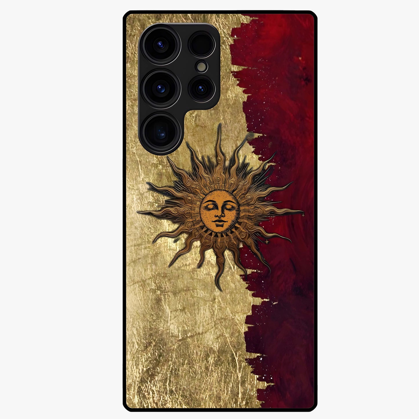 Crimson Sun Majesty Glass Case showing flat back view with radiant sun inspired artwork and glossy glass finish.