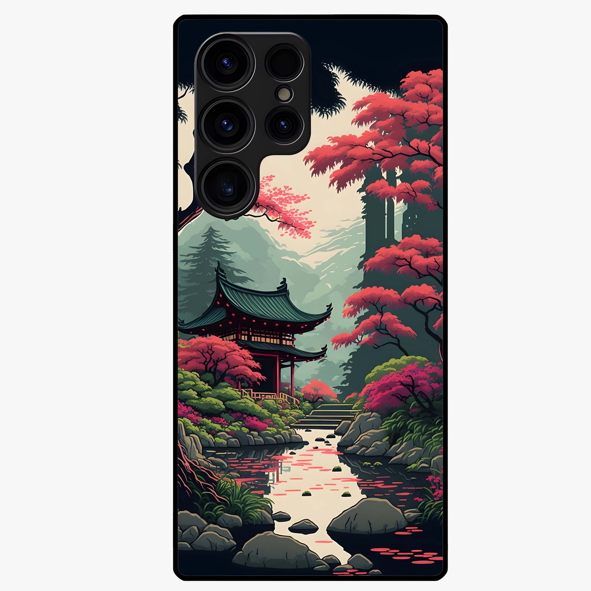 Crimson Temple View Glass Case showing flat back view with temple inspired artwork and glossy glass finish.