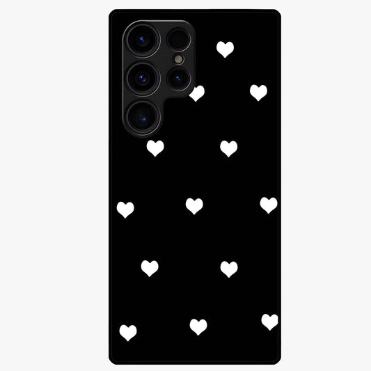 Cute And Simple White Hearts Glass Case showing flat back view with minimal white heart pattern and glossy glass finish.