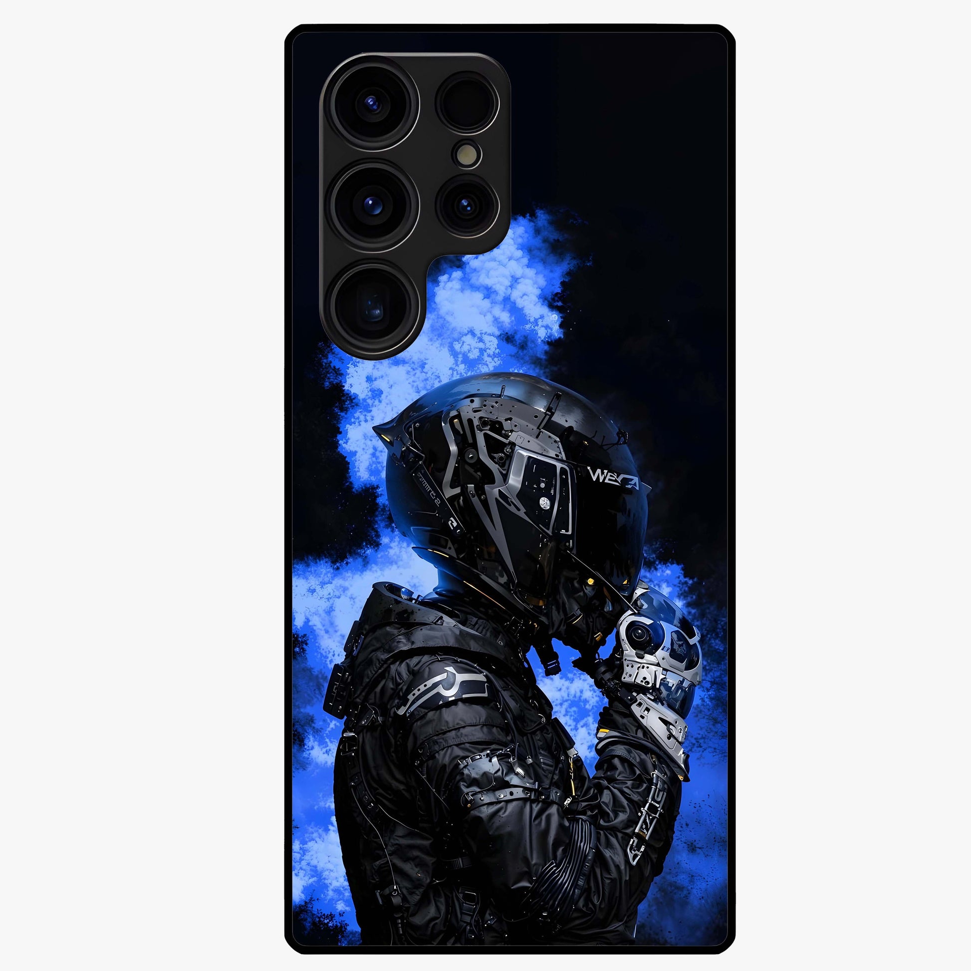 Cyber Sentinel Protocol Glass Case showing flat back view with futuristic cyber themed artwork and glossy glass finish.