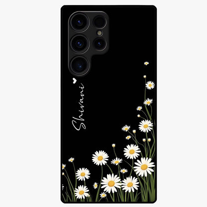 Daisy Cascade Custom Name Glass Case showing flat back view with cascading daisy flowers and personalized name design.