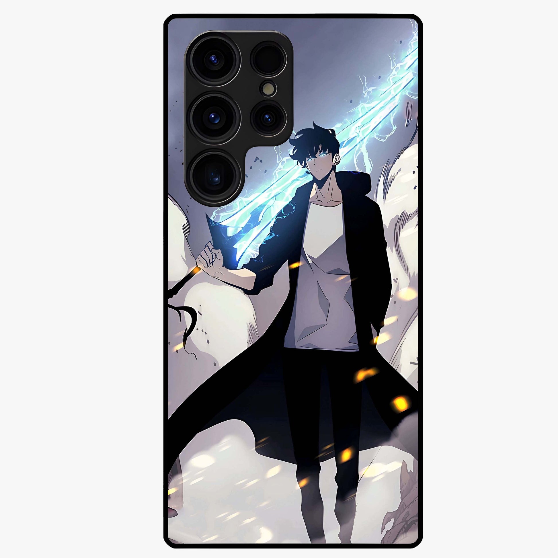 Dark Lightning Anime Warrior Glass Case showing flat back view with intense anime warrior artwork and glossy glass finish.