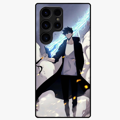 Dark Lightning Anime Warrior Glass Case showing flat back view with intense anime warrior artwork and glossy glass finish.