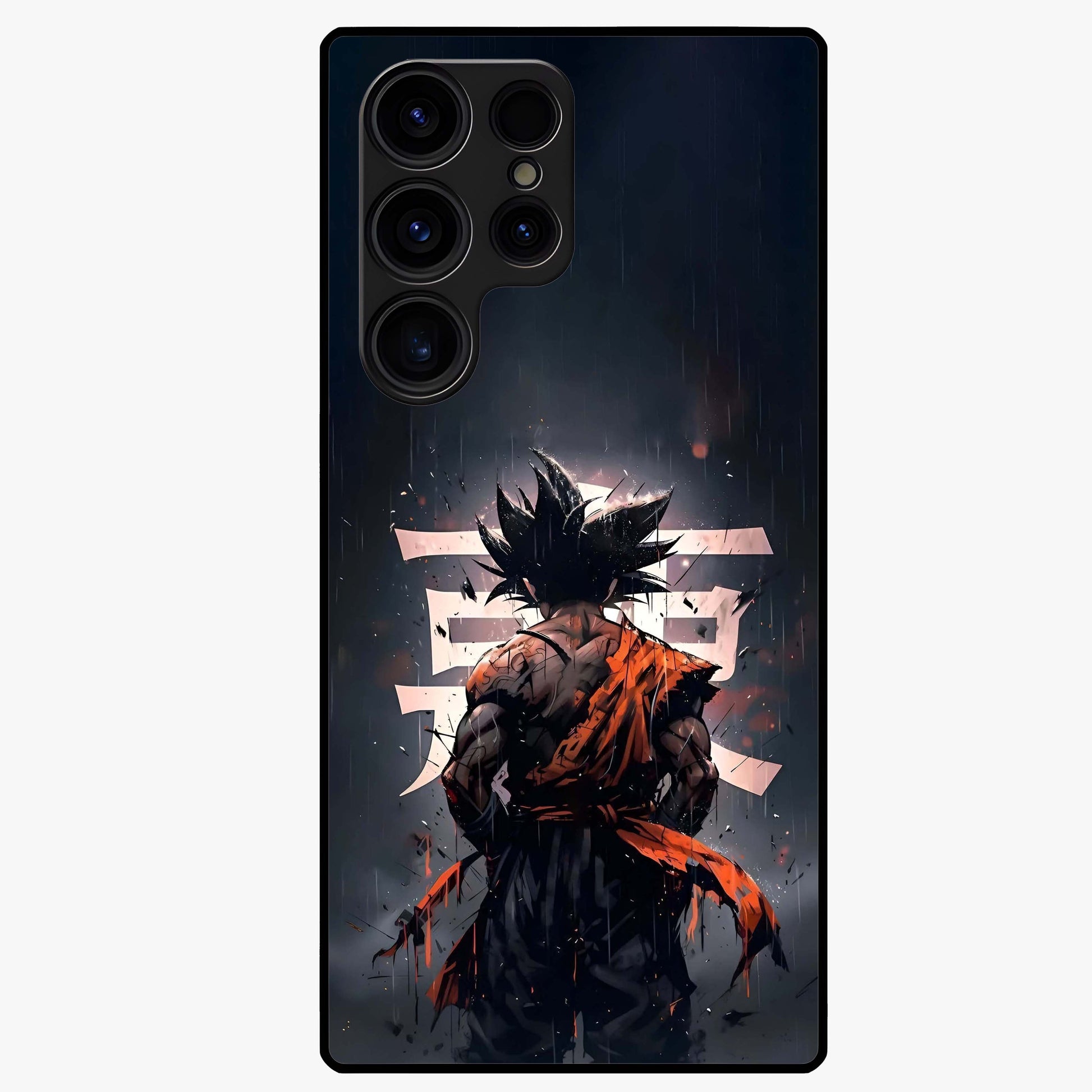 Dark Warrior In Rain Glass Case showing flat back view with warrior artwork in rainy atmosphere and glossy glass finish.