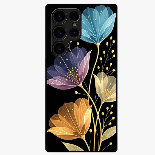 Delicate Multicolor Flowers Glass Case showing flat back view with vibrant floral artwork and glossy glass finish.