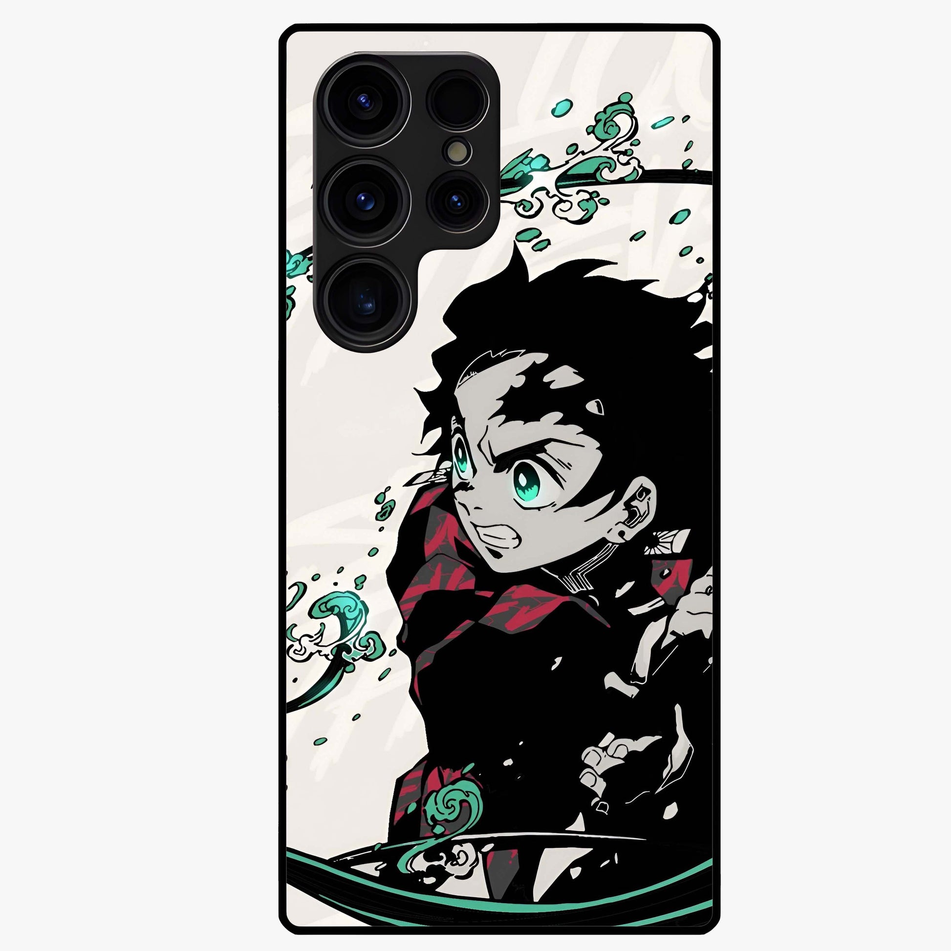 Demon Slayer Glass Case showing flat back view with bold anime inspired artwork and glossy glass finish.
