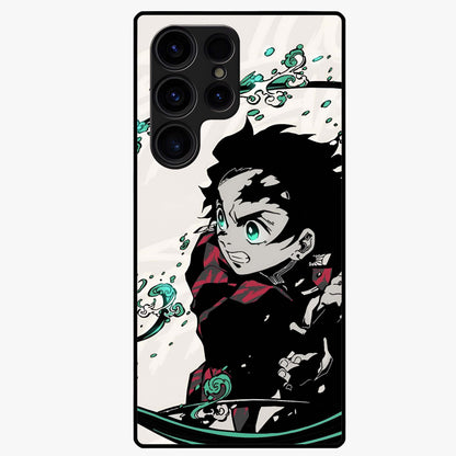 Demon Slayer Glass Case showing flat back view with bold anime inspired artwork and glossy glass finish.