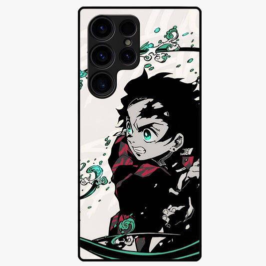 Demon Slayer Glass Case showing flat back view with bold anime inspired artwork and glossy glass finish.