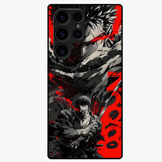Demon Sword Resolve Glass Case showing flat back view with fierce sword warrior artwork and glossy glass finish.