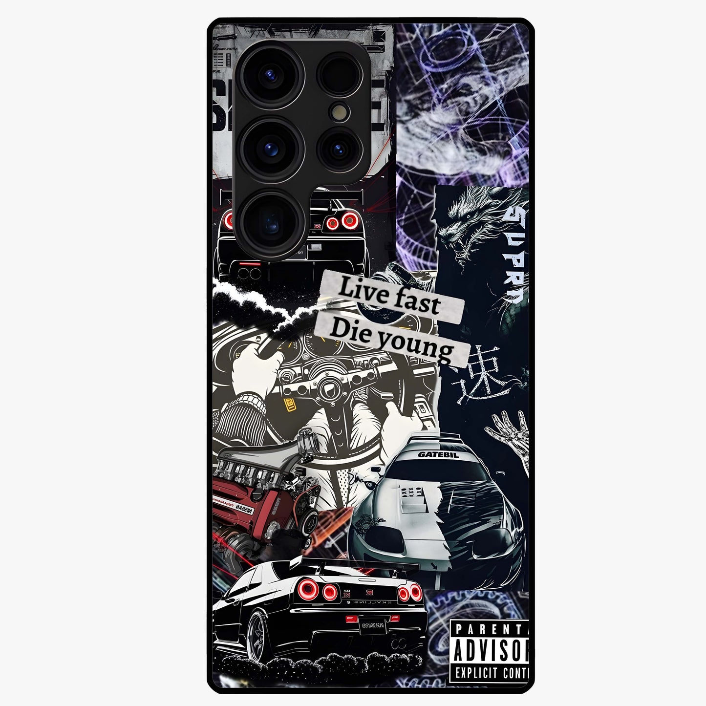 Die Young Glass Case showing flat back view with bold artistic typography design and glossy glass finish.