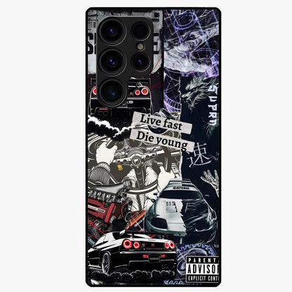 Die Young Glass Case showing flat back view with bold artistic typography design and glossy glass finish.