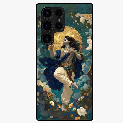Divine Krishna Art Glass Case showing flat back view with Lord Krishna artwork and glossy glass finish.