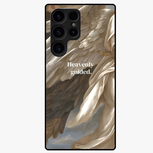 Divine Winged Grace Glass Case showing flat back view with elegant wing inspired artwork and glossy glass finish.
