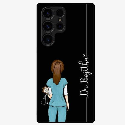 Doctor Pattern Custom Name Glass Case showing flat back view with medical themed pattern and personalized name design.