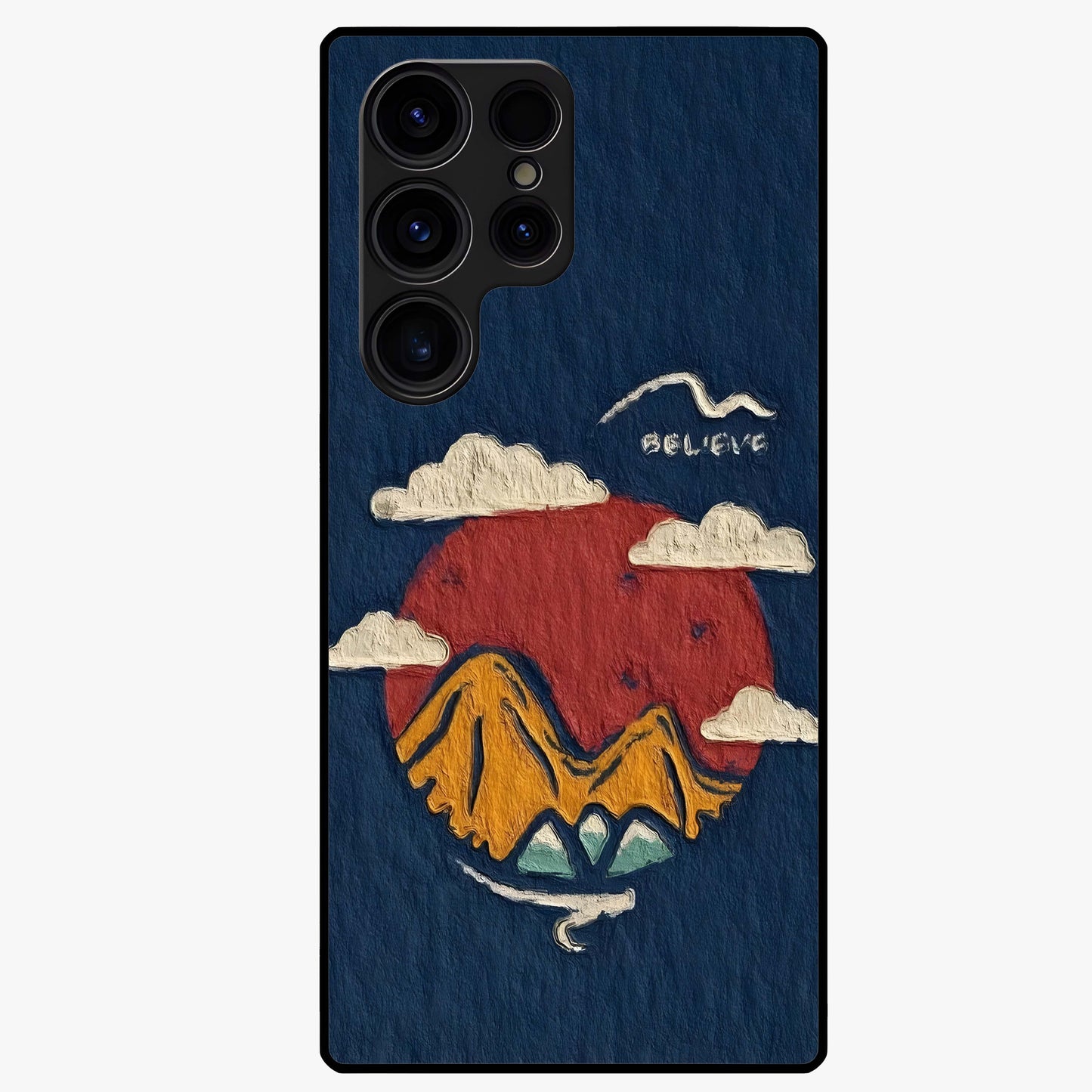 Dream Beyond Mountains Glass Case showing flat back view with scenic mountain landscape artwork and glossy glass finish.