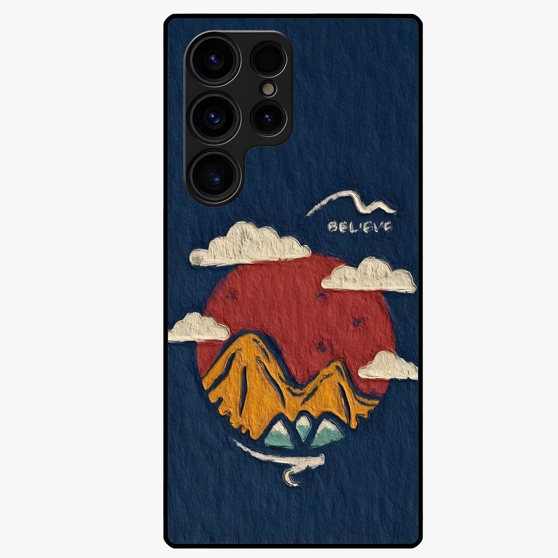 Dream Beyond Mountains Glass Case showing flat back view with scenic mountain landscape artwork and glossy glass finish.
