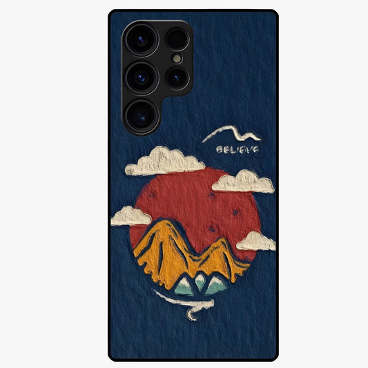 Dream Beyond Mountains Glass Case showing flat back view with scenic mountain landscape artwork and glossy glass finish.
