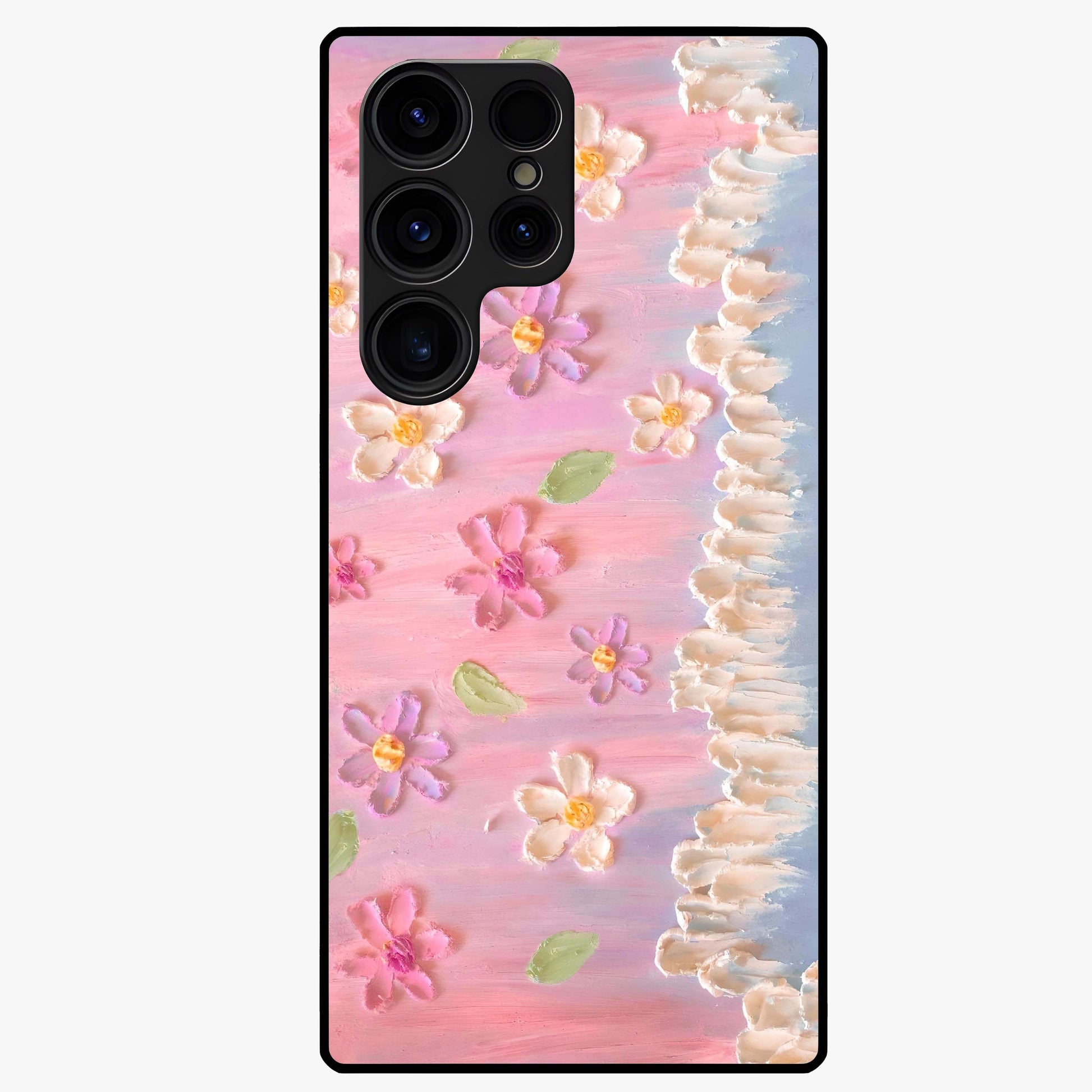 Dreamy Painted Garden Glass Case showing flat back view with artistic painted floral garden artwork and glossy glass finish.
