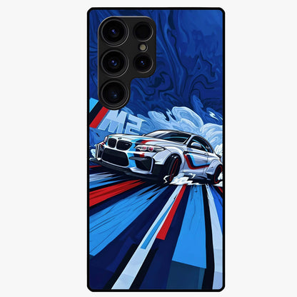 Drift Power Rush Glass Case showing flat back view with dynamic racing inspired artwork and glossy glass finish.