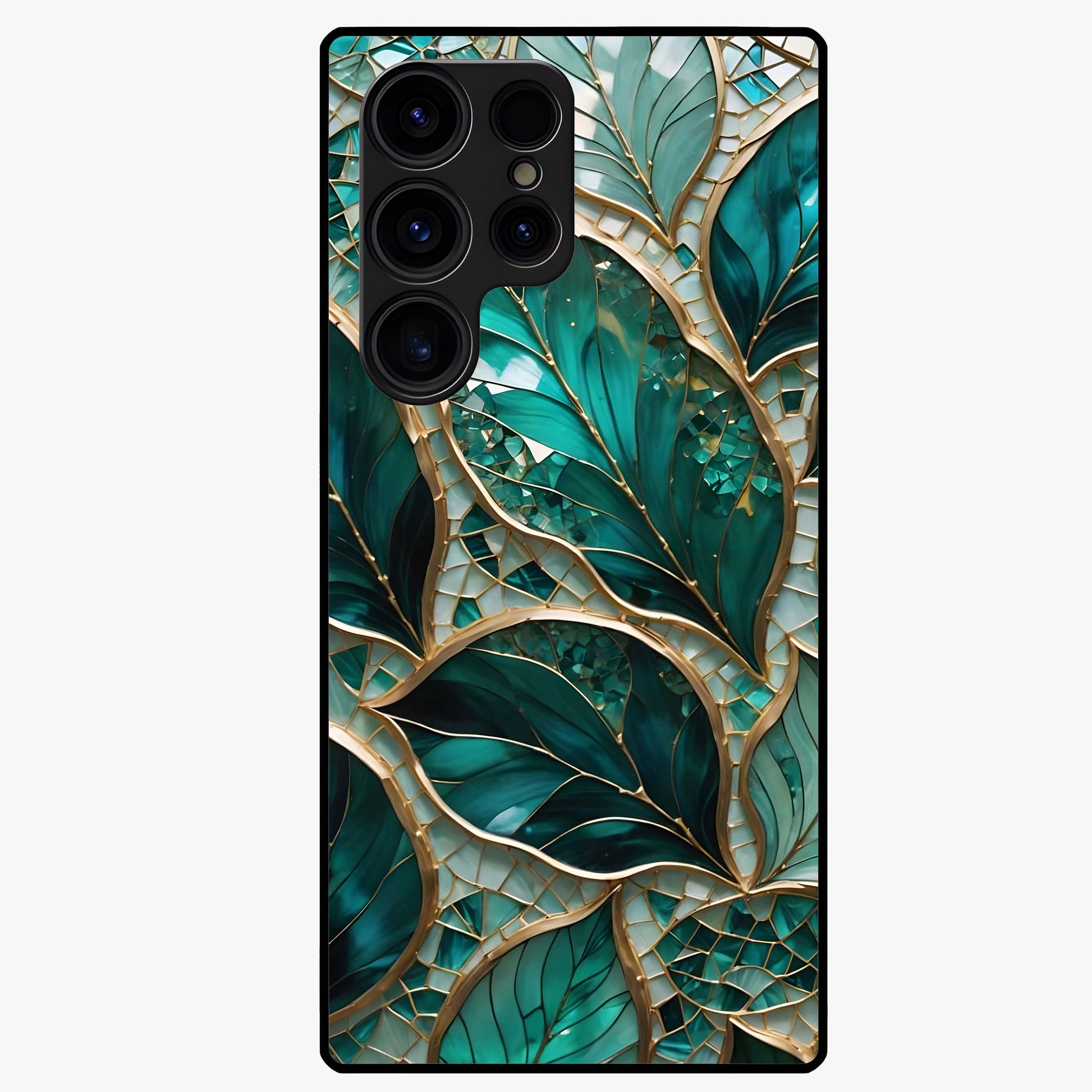 Emerald Leaf Glass Glass Case showing flat back view with emerald green leaf artwork and glossy glass finish.