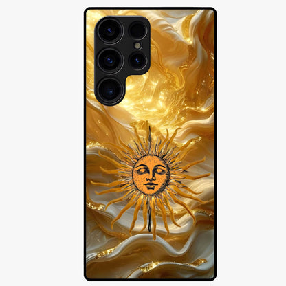 Eternal Golden Glow Glass Case showing flat back view with radiant golden themed artwork and glossy glass finish.